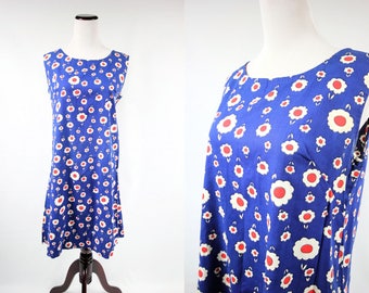 1960's Mod Blue Cotton Daisy Print Mini Sleeveless Shift Dress