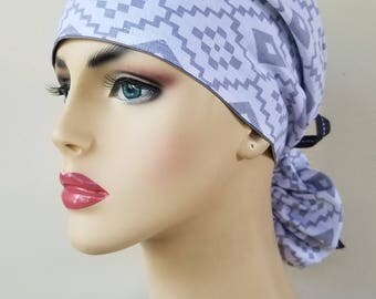 Ponytail scrub hat, ponytail surgical scrub hat, scrub cap, surgical scrub hat for women, grey print ponytail scrub cap, scrub hat