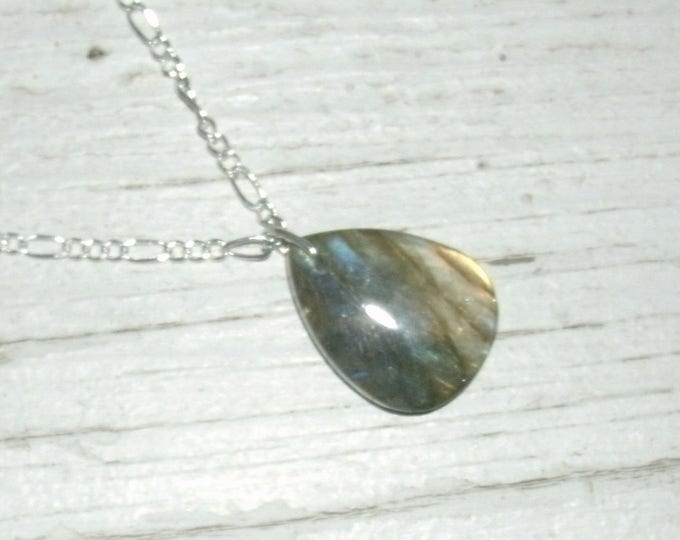 Labradorite Gemstone Necklace, teardrop pendant necklace, small teardrop, multi flash, spectrolite, rainbow flash, 925 stamped silver chain