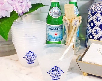 Ginger jar cups, personalized plastic cups, shatterproof cup, blue and white ginger jars, wedding reception cups, monogrammed frosted cup