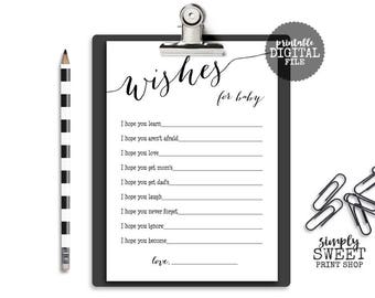 Baby Shower Wishes For Baby Game Card Boy or Girl Gender Neutral Black White Dear Baby Shower Games Simple Popular Modern 5x7 Printable DIY
