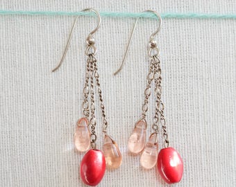 Beet-dyed mother of pearl and pink drop earrings