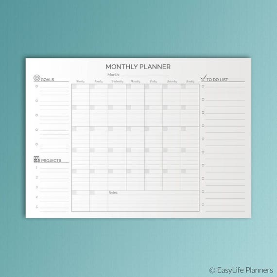 A3 Monthly Desk Planner Printable Planner Monthly Wall
