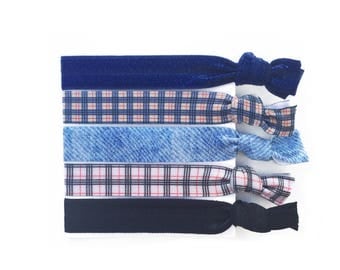 Plaid Elastic Hair Ties Preppy Hair Tie Bracelet Denim Ponytail Holder Blue Plaid Hair Accessory Set