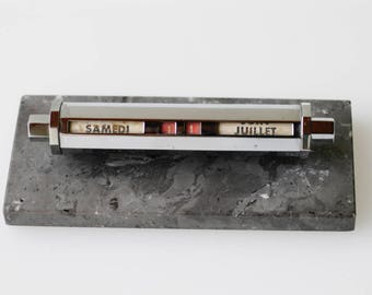 perpetual calendar french vintage retro midcentury modern MCM desk display grey marble base chrome office made in France c.1950s Gold Starry