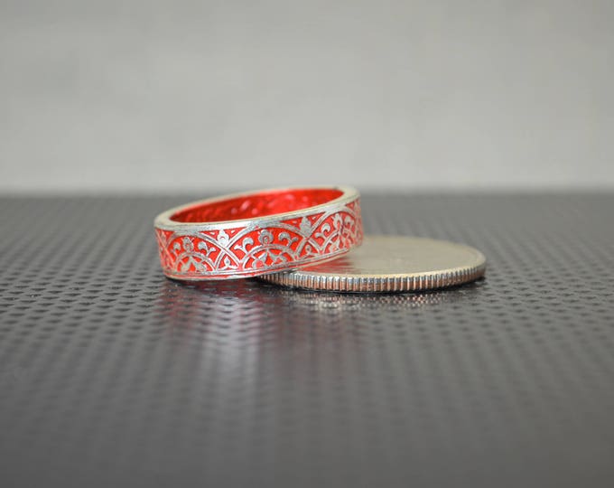 Moroccan Coin Ring, Red Coin Ring, Stained Glass Ring, Red Ring, Coin Art, Morocco, Silver Coin Ring, Moroccan Art, Boho Ring, Red