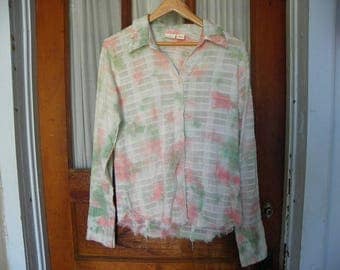 Fabric Supplies • No. 006B Upcycle Ladies Pastel Blush Pink Green White Long Sleeves Button Up Blouse | Size Large Womens Girls | India