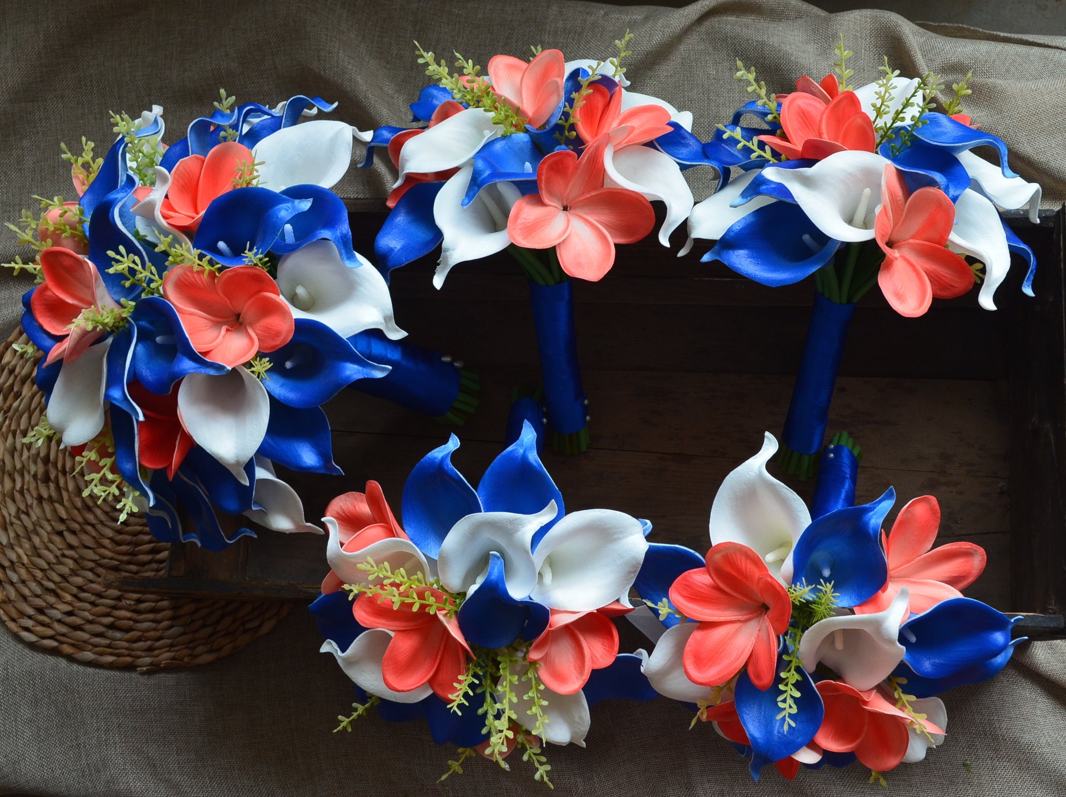 Royal Blue Coral Wedding Bouquets Real Touch Callas Lilies