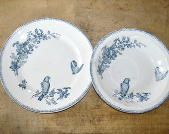 2 Platters Vintage French Ironstone - Longwy Ceramic Serving Dish - Mesange transfer motifs - Shabby Chic – French Country Decor