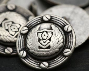 4pcs Trapped and Wrapped Silver Metal Button with Black Detailing. Shank Backing. 32L . 20mm . 13/16"