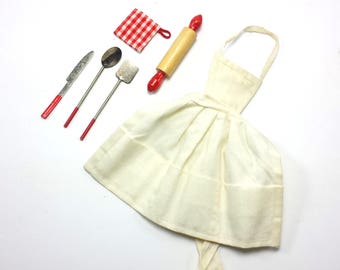 Vintage Barbie Clothes "Barbie Q" BBQ Ensemble | #962 | 1959 – 1962 Mattel | Apron, Rolling Pin, Potholder, Knife, Spatula, Spoon
