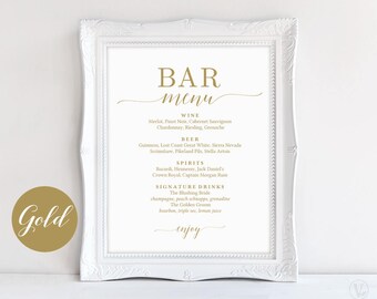 Bar Menu Sign, Printable Bar Menu Sign Template, Gold Wedding Bar Menu Sign, DIY Printable Wedding Sign