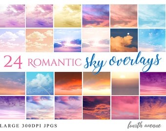24 Romantic Cloud Sky Overlays for your photos for Photoshop Gimp any program 300DPI JPGs Instant Download