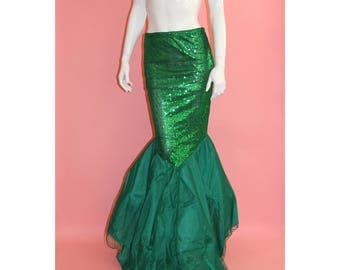 Mermaid Woman Sequins And Chiffon Maxi Skirt Dress Cosplay for Halloween Costume Fish Tail Green Ariel Floor Length Size M