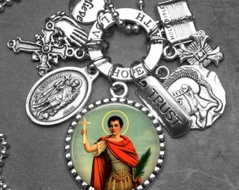 St. Expedite Picture Pendant & Multi Charm Necklace, Catholic Jewelry Gift, Patron Saint for Financial Success Against Procrastination