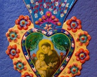 Sacred Heart Tin Milagro - St. Anthony - Hand Painted Milagro