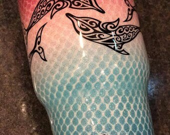 Personalized Tribal Dolphins Mermaid Tail Patterned Ombre Fade and Glitter Painted, Epoxy Cleared 30 oz tumbler