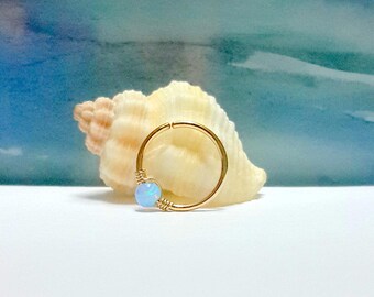 Cartilage Hoop Earring- Light Blue Opal 3mm Cartilage Earring- Small Light Blue Opal Helix Ring- 16-22 Gauge - 6-12mm Inner Diameter