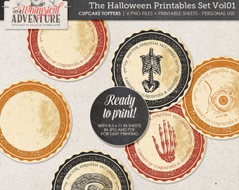 Spooky Halloween Party Decor, Anatomical, Cabinet Of Curiosities, Digital Collage Sheet, Gothic Style, Printable Creepy Cupcake Toppers,