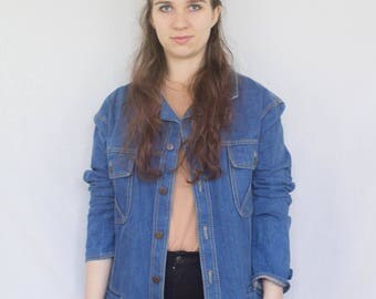 Denim Jacket Vintage 1970s Fitted Mid Blue with Front Pockets