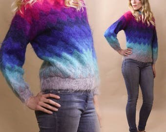 Vintage Technicolor Mohair Sweater with Fluorescent Chevron Stripes