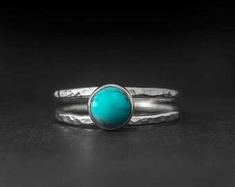 Turquoise silver ring, Turquoise ring, blue stone Dainty thin band hammered double ring - available with different gemstones