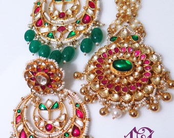 Gold Green Red Seed Pearls Rare Chandbali Kundan Earrings | Mughal jewelry | Pakistani Indian Jewelry | High End Collectible Jewelry