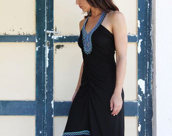 Vintage black blue embellished asymmetric viscose dress.size 1