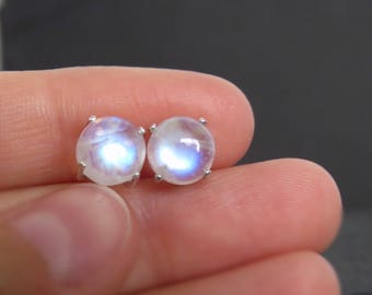 Rainbow moonstone earrings, large natural moonstone earrings, genuine rainbow moonstone studs, colorful moonstone studs in silver