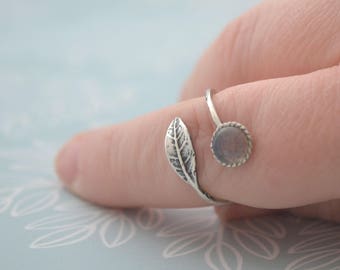 Labradorite Leaf Ring, Oxidised Sterling Silver Statement Ring, Blackened Bohemian Jewellery