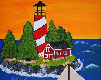 Golden Sky, folk art painting, folk art, original art, acrylic painting, wall art, whimsical art, landscape painting, hand painted, Canadian