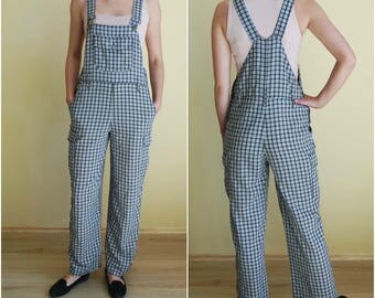 Checkered Black and White Overalls Womens Costume Vintage Jumpsuit Light Overalls Workman Overalls One Piece Women's Size EU 38 UK10 US6