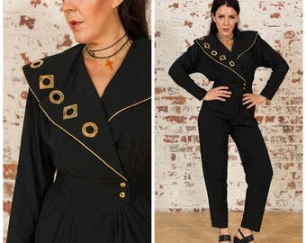 Vintage 1980s Jumpsuit / Gold details / Size M