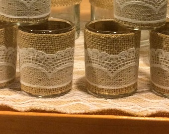 Set of 12 vintage wedding centerpieces. Vases and votive