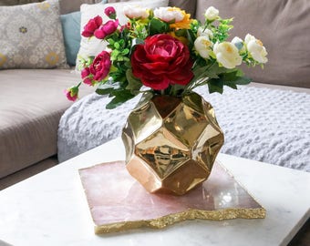 ROSE Quartz platter with GOLD rim. Large gemstone trivet. pink quartz cheese plate home decor serveware. pink crystal thin platter