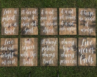 Painted Wedding Aisle Signs - Set of 10 Signs - Wedding Decor - Love Is Patient, Love is Kind - 1 Corinthians 13 - Bible Verse Wedding Signs
