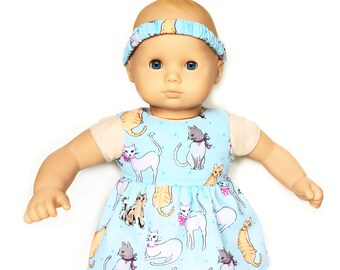 Baby Doll Dress, Headband, Cats, Blue, White, Summer, Bitty Baby, 15 inch Doll Clothes