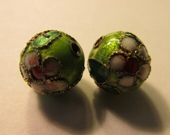Chinese Lime Green Cloisonne Floral Beads, 10mm, Set of 2