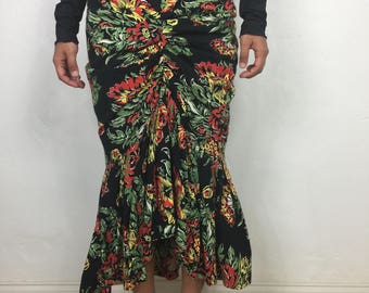 Vtg 80s does 50s Norma Kamali floral cotton ruched flamenco body con cha cha skirt
