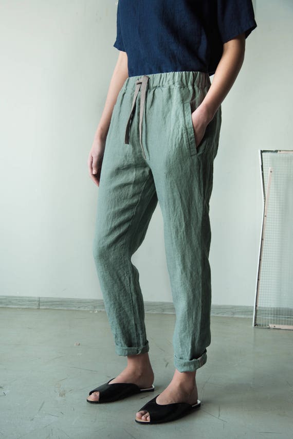 Loose fit linen pants with elastic waist made from Lithuanian