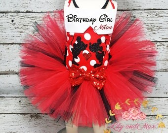 Red Minnie Mouse Birthday Outfit, Personalized Minnie mouse headband, Red and black Minnie Birthday tutu set, Minnie Romper, Minnie Costume