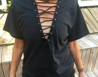 Lace Up T-Shirt // Black
