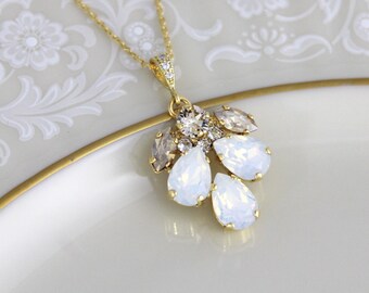 Crystal Bridal necklace, Wedding necklace, White opal necklace, Bridal jewelry, Bridesmaid necklace, Gold necklace, Swarovski necklace