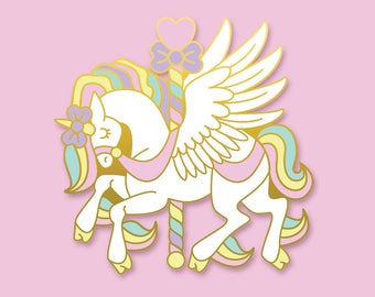 PRE-ORDER Kawaii Rainbow Carousel Unicorn Hard Enamel Gold Plated 40mm Lapel Pin