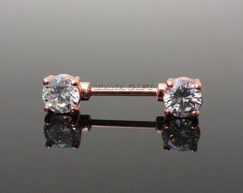 Rose Gold Nipple Barbell, Clear Crystal Nipple Piercing, 14 Gauge Zirconia Nipple Barbell Ring, Rose Gold, H 76