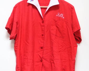 Vintage Bowling Shirt King Louie Bowling Shirt Red Embroidered Short Sleeved Bowling Shirt / Collared Button Down Breast Pockets Made in USA