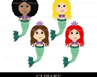 Mermaid Clipart, Princess Clipart, Mermaid Princess Clipart, Black Mermaid, Blonde Mermaid, Brunette Mermaid, Redhead Mermaid, DIY Clipart