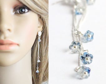 cute gift bridesmaid earrings blue stud earrings silver flower studs long earrings romantic wedding earrings wife gifts girlfriend L244