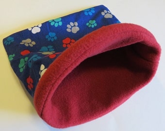 MEDIUM Pawprint Cuddle sleep sack bag for guinea pig/hedgehog/rat/ferret- 10" x 10" reversible red fleece small animal bag