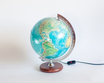 Vintage Illuminated Globe Tecnodidattica, French World Globe, Earth Globe Lamp, 80s Globe, Terrestrial Globe, Retro Light Up Globe